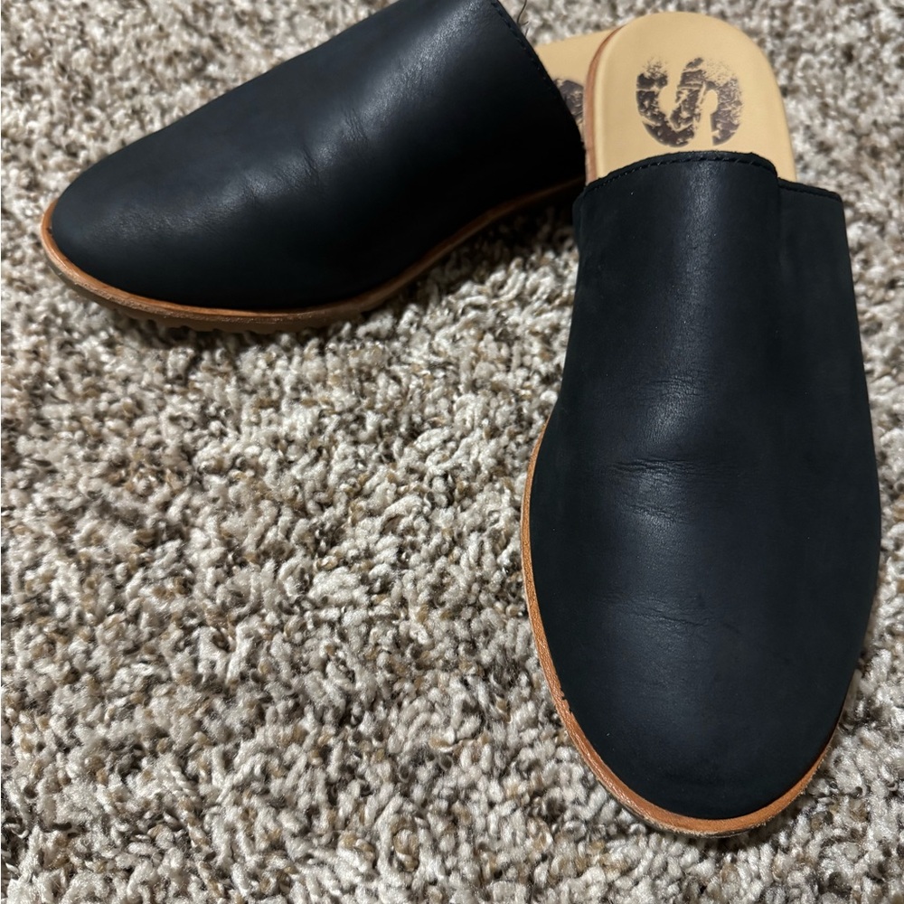 Sorel Black Leather Mules. Only worn inside. I would say fits size 6.5 best.